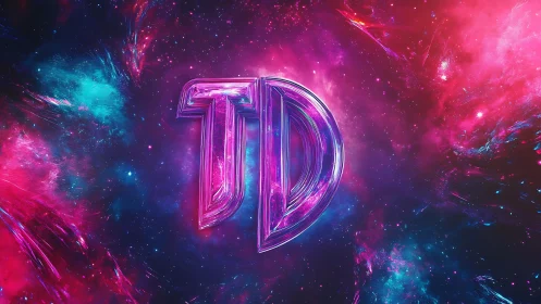 Neon chrome TD monogram floats inside cosmic nebula field