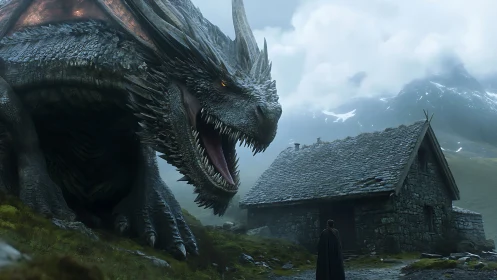 Giant dragon confronts lone figure beside stone cottage
