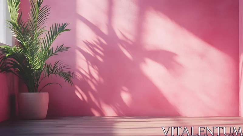 Potted palm against bright pink wall in sunny corner.