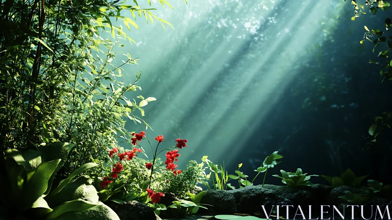 Soft sunbeams caress a tranquil forest garden clearing
