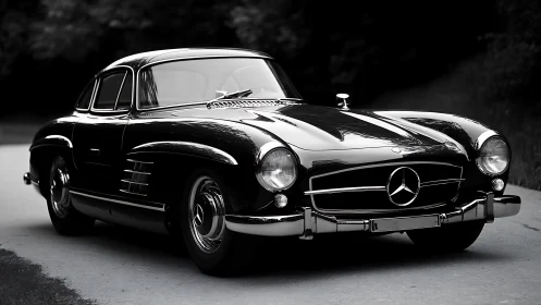 Photorealistic portrait of classic Mercedes coupe in motion.