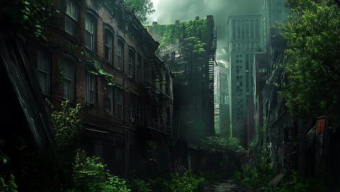 Overgrown abandoned city street with decaying buildings.