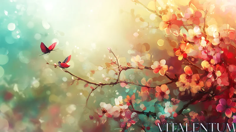 Spring blossoms and red butterflies in radiant dreamscape.