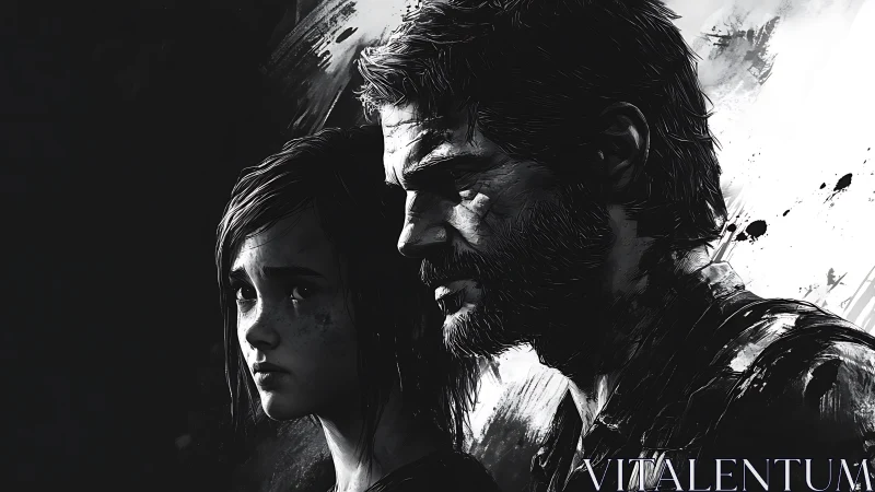 Somber monochrome portrait of two survivors in profile.