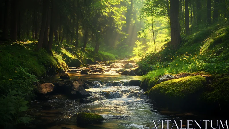 Peaceful sunlit forest stream with lush greenery and soft light.