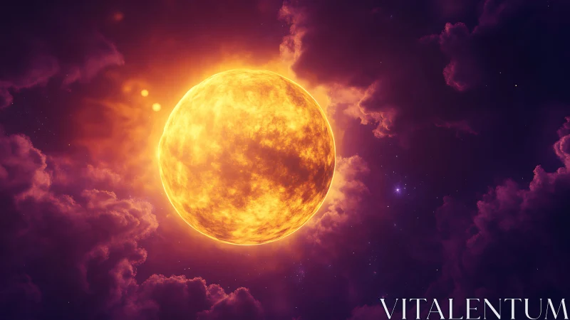 Luminous stellar sphere emits intense plasma glow in nebular sky