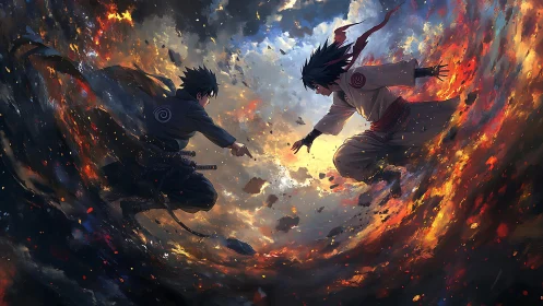 Clashing warriors suspended in swirling celestial firestorm.