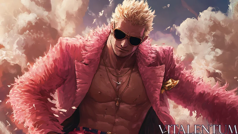 Confident blonde man in pink coat against clouded sky.