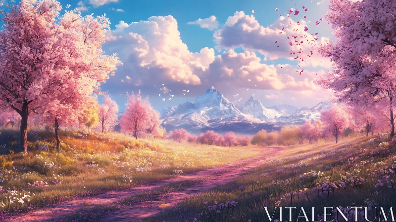 Blossoming spring path leads gently toward quiet snow peaks