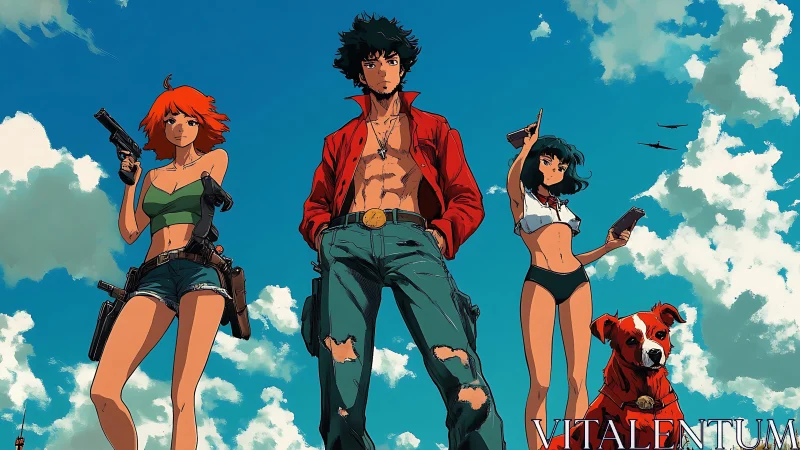 Armed skybound trio and companion canine under stylized cumulus.