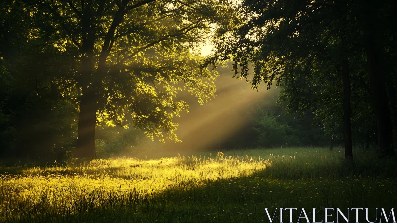 Backlit forest clearing with golden volumetric sunrise beams.