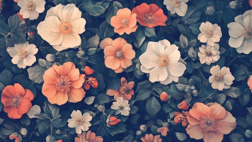 Layered Floral Composition: Coral and Ivory Blooms Against Deep Tonal Ground.