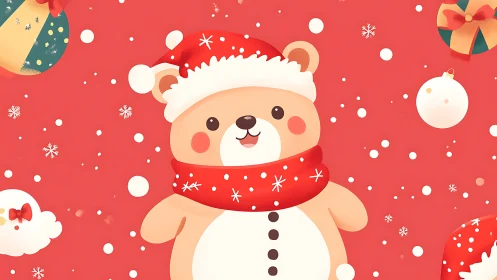 Cartoon bear in winter clothing stands on red festive background