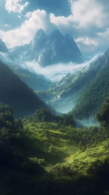 Atmospheric alpine valley with twin peaks and dawn mist