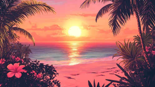 Tropical beach shoreline frames stylized vivid sunset sky