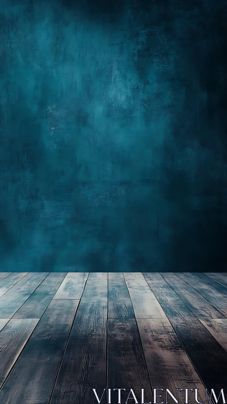 Textured teal wall with weathered wooden floor background.