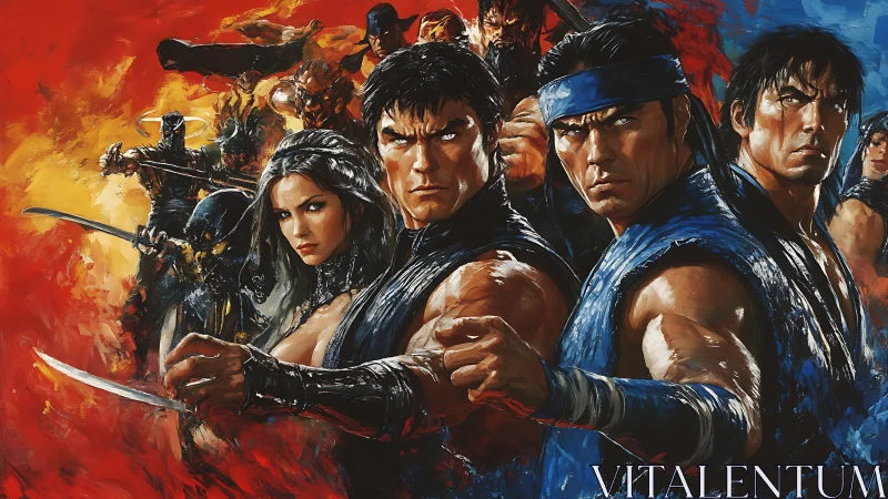 Dynamic martial ensemble in high-impact digital painting style.