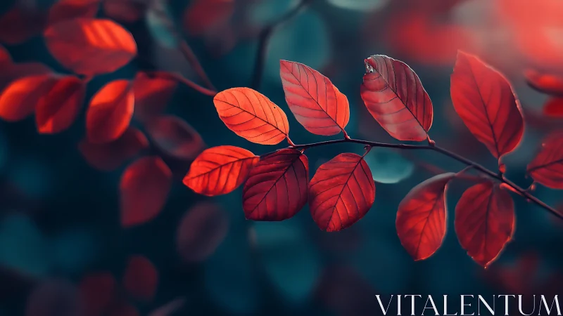 Backlit red foliage branch rendered with shallow depth of field