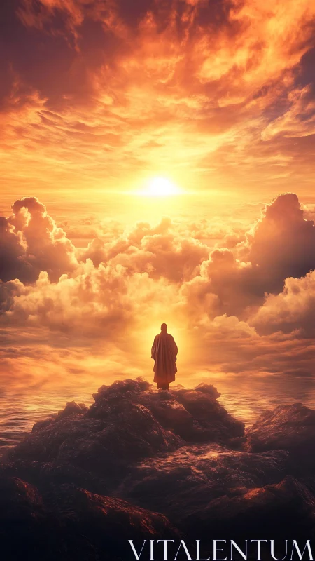 Backlit robed figure on rocky outcrop under volumetric sunset sky
