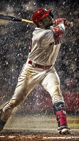 Baseball batter follows through on swing in heavy rain