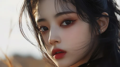 Soft wind lingers as sunset light sketches her calm gaze