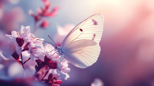 White butterfly rests on pink blossoms under soft sunlight
