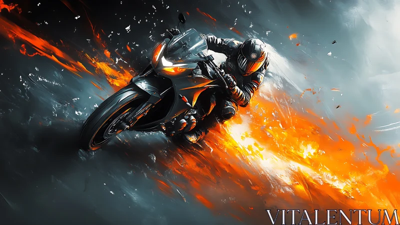 Kinetically stylized superbike carving through pyroclastic airflow.