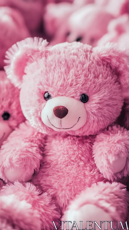 Close view of pink plush teddy bear among similar toys.