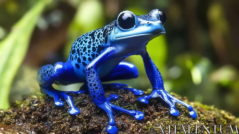 Electric sapphire dart frog poised on mossy jungle stage.