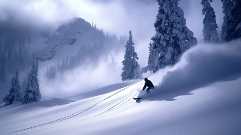Solitary snowboarder carves dynamic line through alpine powder