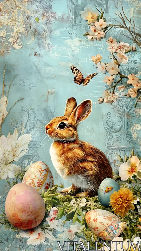 Textured spring vignette presents rabbit, ornate eggs, and blossoms
