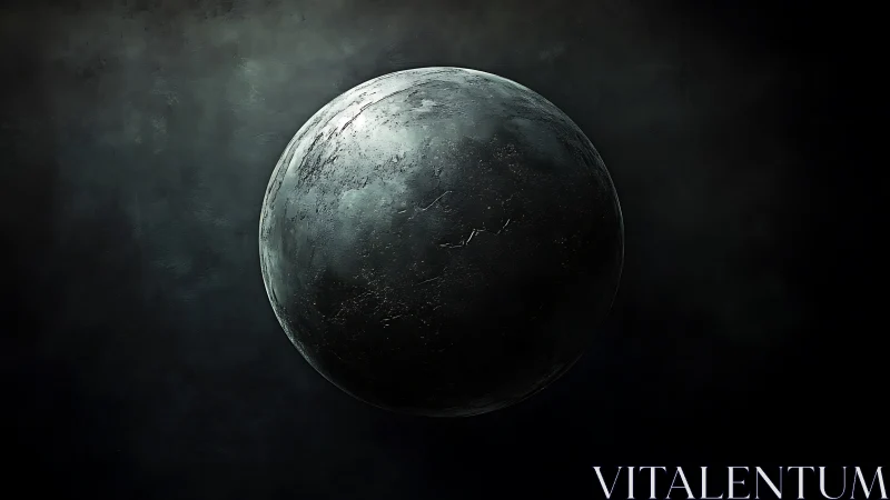 Metallic sphere floats in dark textured void. Period.