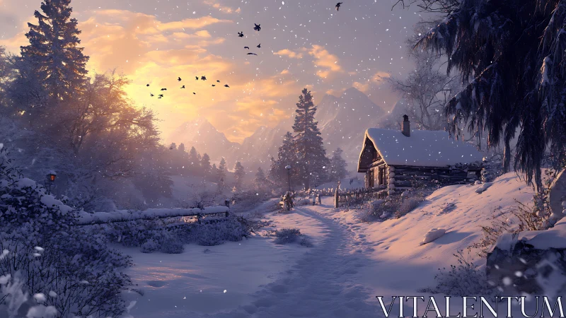 Snowy mountain cabin at sunset with drifting snowfall.