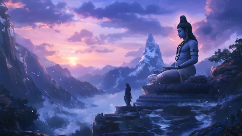 Mountain landscape with large seated figure and observer.