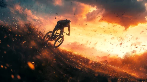 Mountain Biker Launches Off Hillside Amid Explosive Fire and Debris