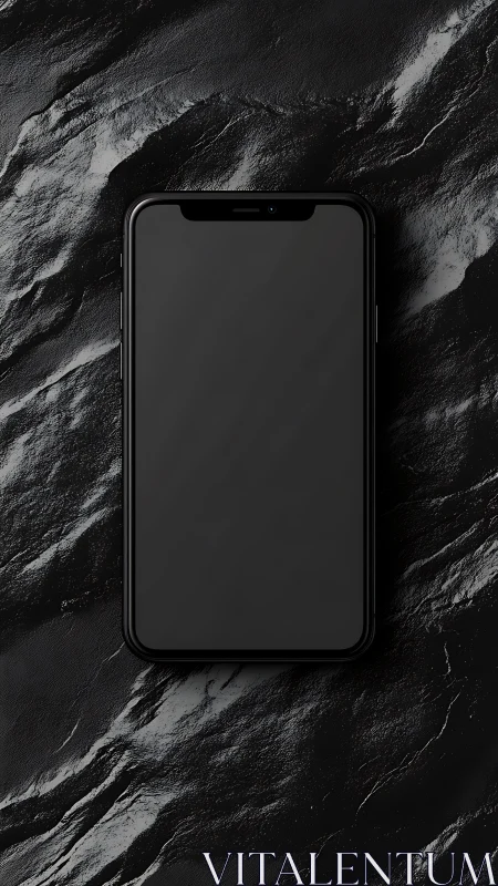 Mobile device positioned centrally on textured black marble surface