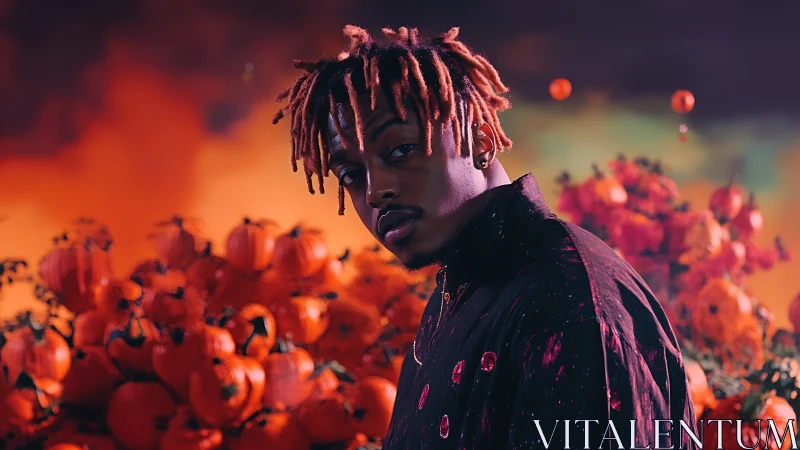 Portrait amid surreal glowing pumpkins and neon sky.