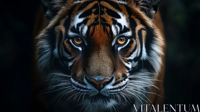 Tiger portrait with intense gaze under low key lighting.