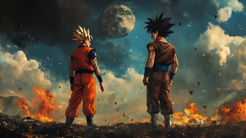 Saiyan warriors confront burning horizon beneath moon