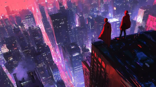 Twin sentinels surveying neon-saturated cybernetic megacity.
