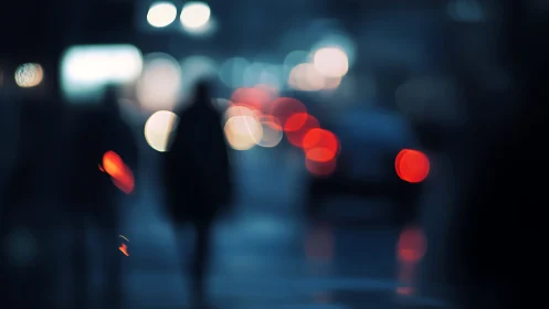 Defocused urban street scene with silhouettes and traffic.