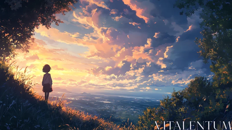 Twilight hillside reverie with girl gazing toward glowing horizon.