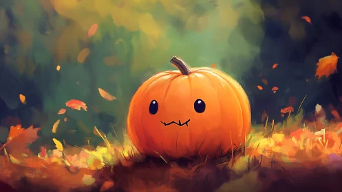 Pumpkin with stylized face on autumn forest floor scene.