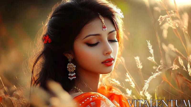 Sunlit portrait of serene woman in traditional jewelry.