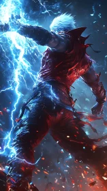White haired warrior with electric energy in dynamic pose.
