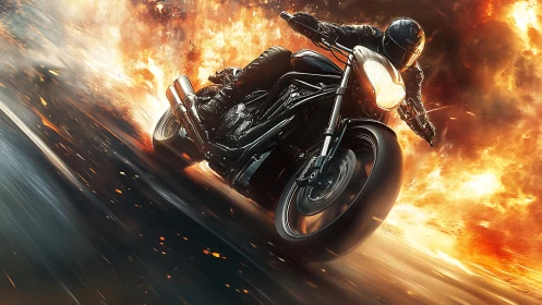 Motorcycle rider on roadway with surrounding fire blast.