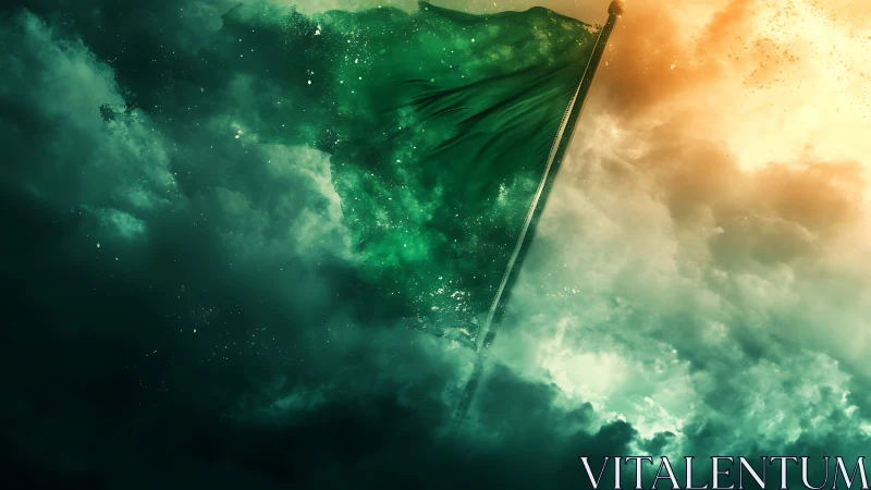 Green flag on pole intersects turbulent bicolored clouds