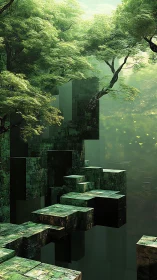 Emerald stone platforms rise beneath luminous forest canopies.