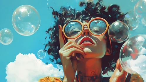 Woman in oversized sunglasses gazes upward through floating bubbles