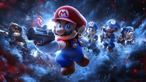 Heroic Mario squad charging through a stormy cosmic battle.